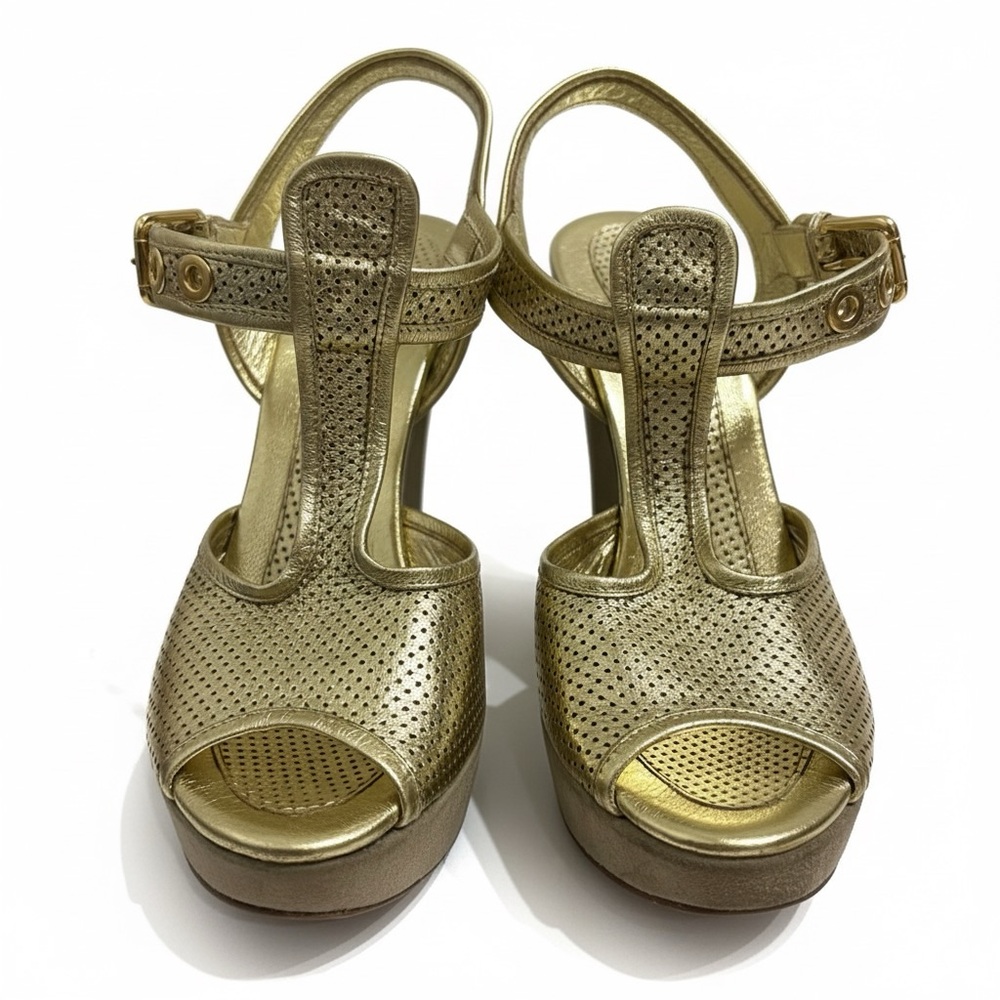 Goldenbleu Perforated Gold Mesh Platform Sandals